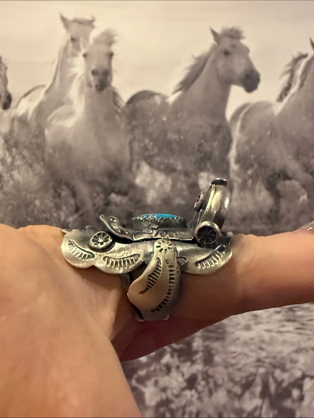 Tim Yazzie Turquoise Sterling Saddle Ring Sz 8 - Picture 5 of 9